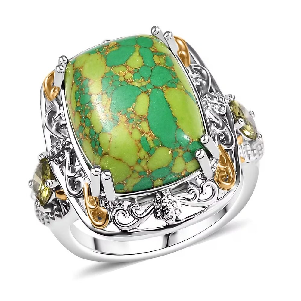 Mojave Green Turquoise and Simulated Peridot Ring in 18K YG Plated Platinum Bond
